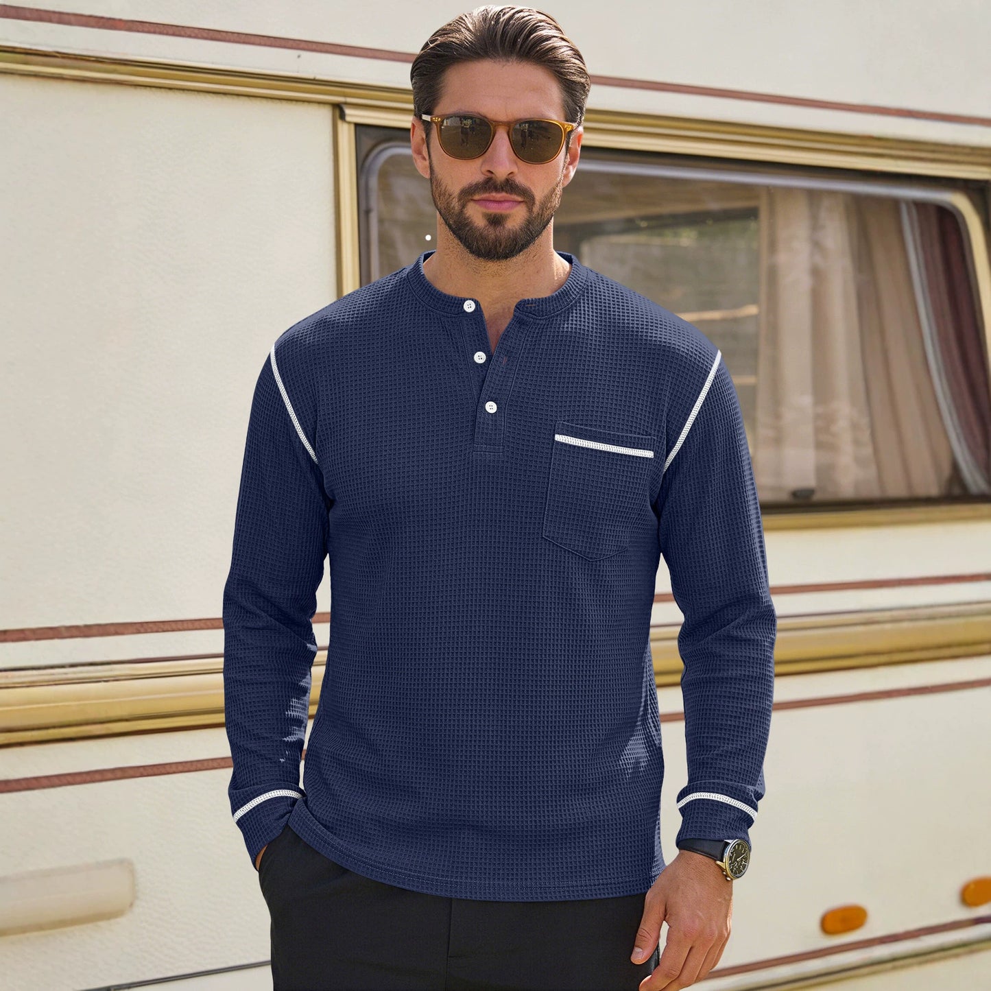 Men's Waffle-Knit Henley Long Sleeve Shirt - Casual Slim Fit Tops with Contrast Trim