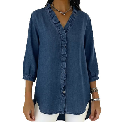 Women's Ruffle V-Neck Chambray-Look Blouse, 3/4 Sleeve Casual Denim-Style Shirt with High-Low Hem