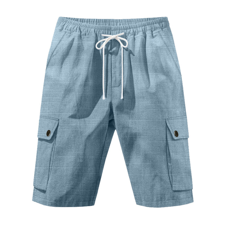 Men Linen Elastic Waist Casual Cargo Shorts