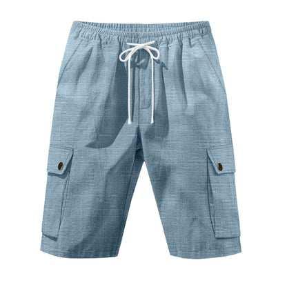 Men Linen Elastic Waist Casual Cargo Shorts