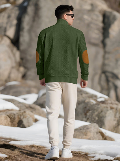 Men's Quarter-Zip Jacquard Sweater - Long Sleeve Mock Neck Pullover with Elbow Patches