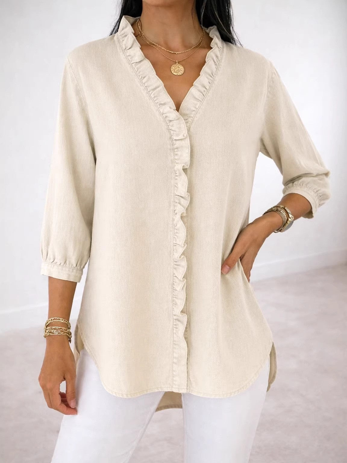 Women's Ruffle V-Neck Chambray-Look Blouse, 3/4 Sleeve Casual Denim-Style Shirt with High-Low Hem