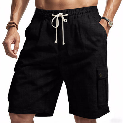 Men Linen Elastic Waist Casual Cargo Shorts
