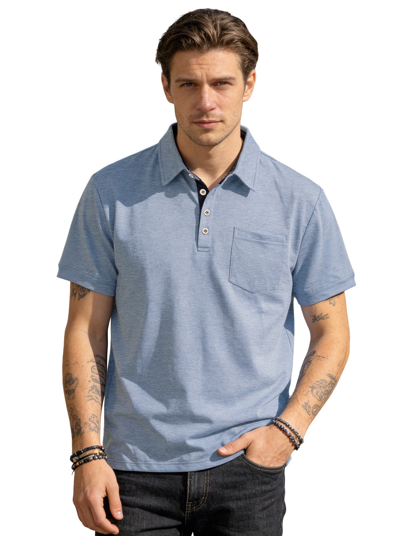 Men's Summer Spring Pocket Polo Shirt, Solid Color Short Sleeve Relaxed Fit Casual Business Top