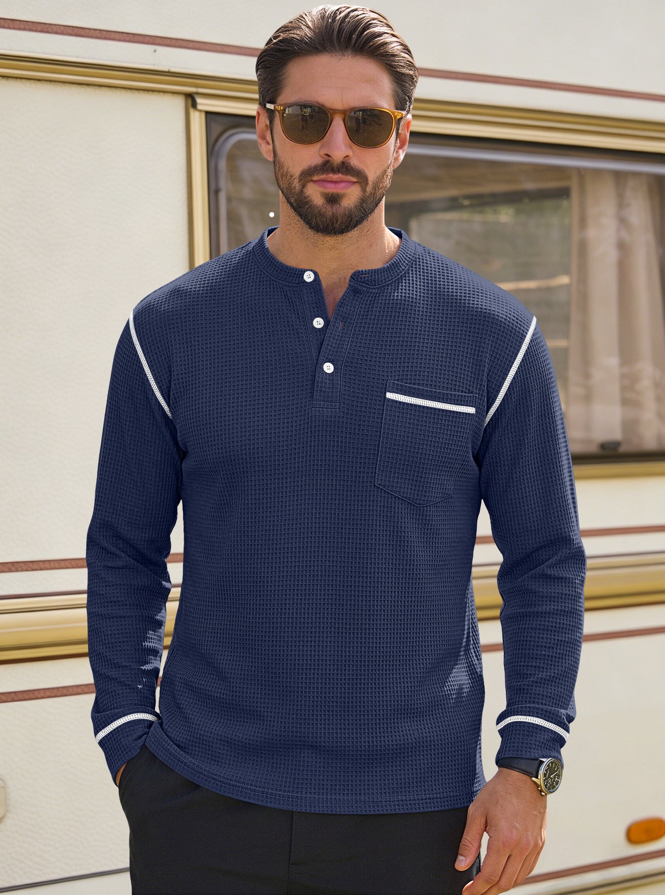 Men's Waffle-Knit Henley Long Sleeve Shirt - Casual Slim Fit Tops with Contrast Trim