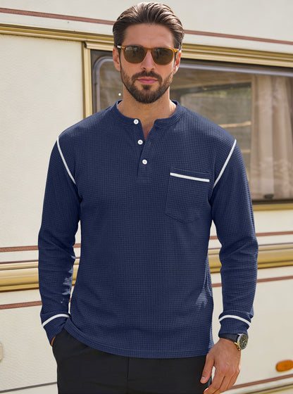 Men's Waffle-Knit Henley Long Sleeve Shirt - Casual Slim Fit Tops with Contrast Trim