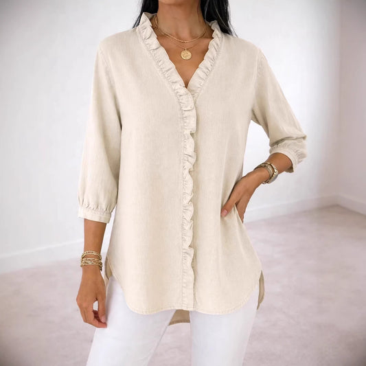 Women's Ruffle V-Neck Chambray-Look Blouse, 3/4 Sleeve Casual Denim-Style Shirt with High-Low Hem