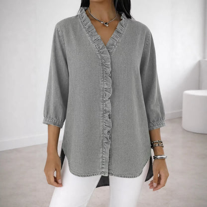 Women's Ruffle V-Neck Chambray-Look Blouse, 3/4 Sleeve Casual Denim-Style Shirt with High-Low Hem