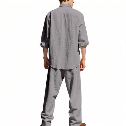 Men's Linen Blend 2-Piece Outfit, Stand Collar Roll-Up Sleeve Shirt & Wide Leg Pants Casual Set