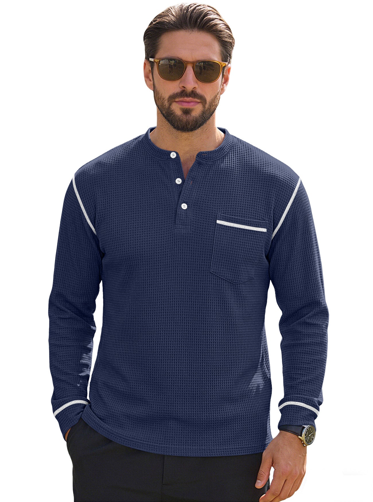 Men's Waffle-Knit Henley Long Sleeve Shirt - Casual Slim Fit Tops with Contrast Trim