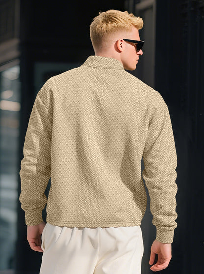 Autumn Essential Men's Jacquard Polo - Oversized Solid Color Quarter Button Long Sleeve