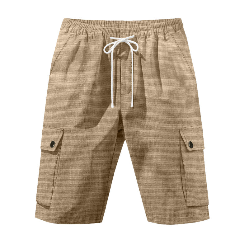 Men Linen Elastic Waist Casual Cargo Shorts