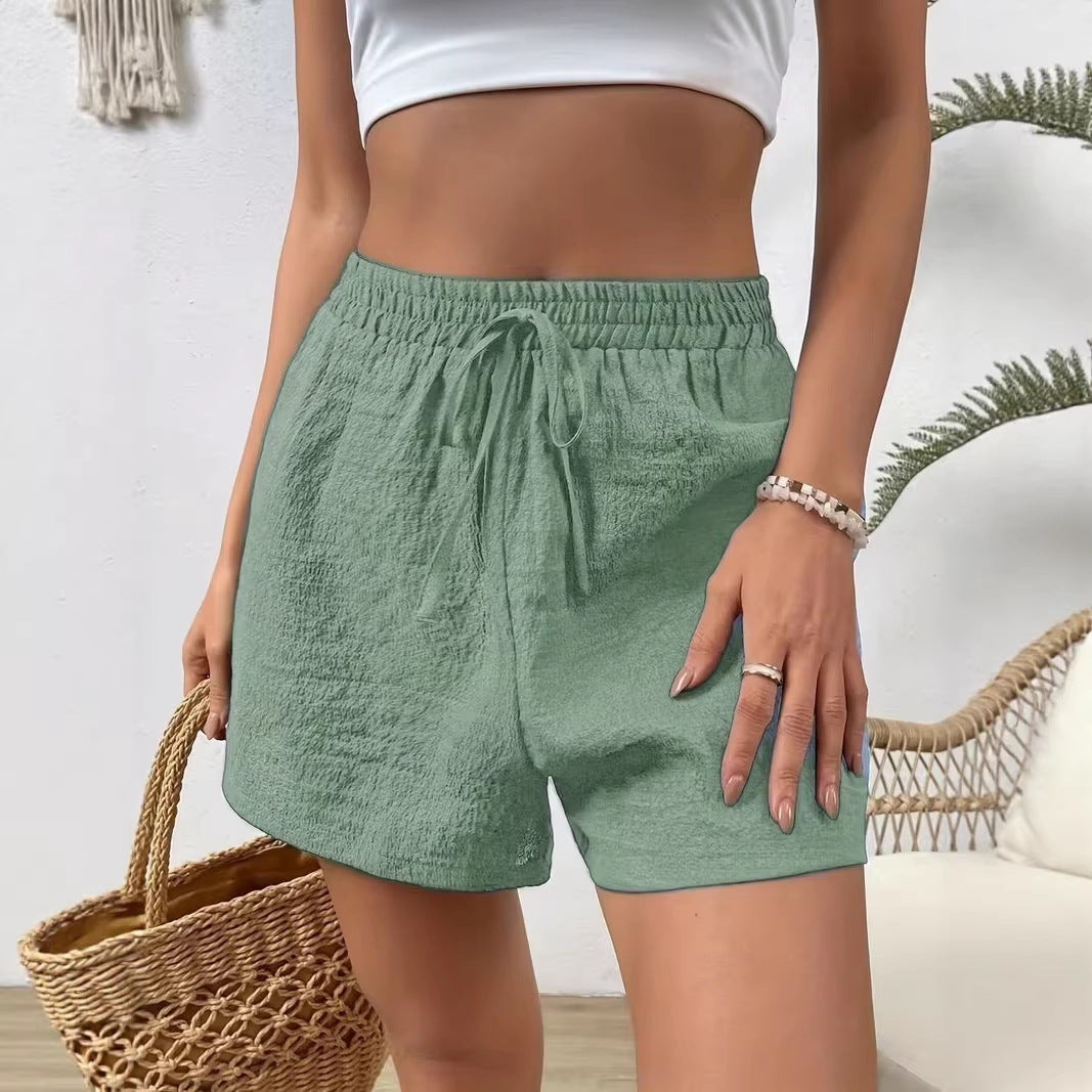 Women's Elastic Waist Casual Shorts - Summer Lightweight Breathable Solid Color, Faux Drawstring, Relaxed Fit Soft Lounge Outdoor Wear