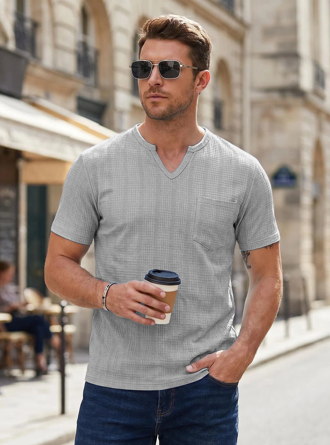 Men's Summer Henley T-Shirt - Slim Fit Linen-Like Breathable Casual Tee