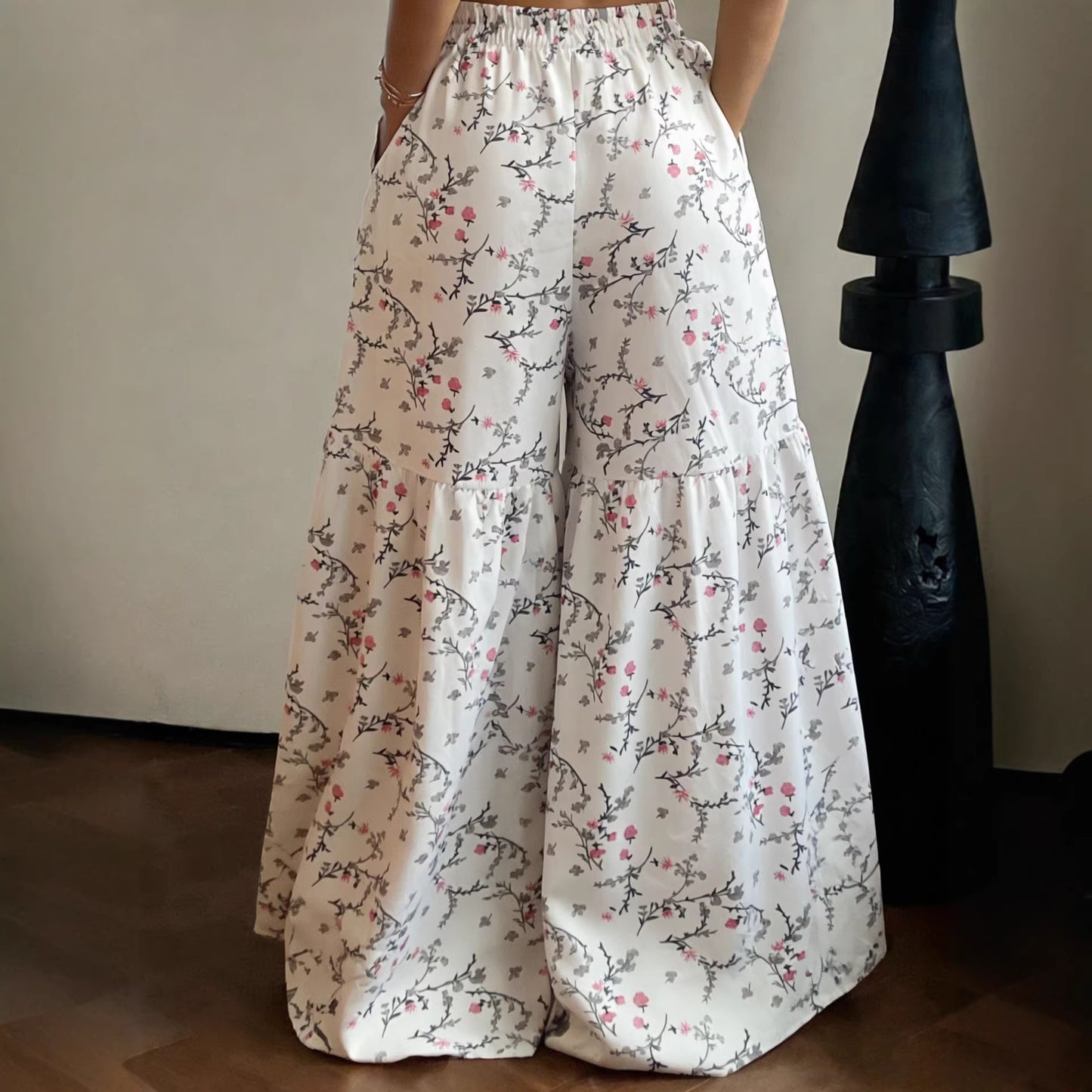 Women's 2026 New Floral High Waist Wide Leg Pants - Lightweight Flowy Boho Palazzo Trousers with Pockets for Casual Summer Wear