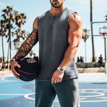 Men Henley Sleeveless Tank Top Quick Dry Gym Workout Shirt