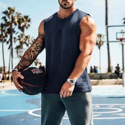 Men Henley Sleeveless Tank Top Quick Dry Gym Workout Shirt