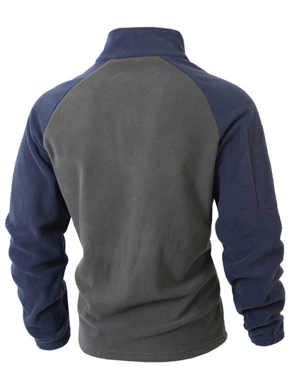 Men's Tactical Quarter-Zip Fleece Pullover - Color Block Stand Collar Sweatshirt for Outdoor & Casual