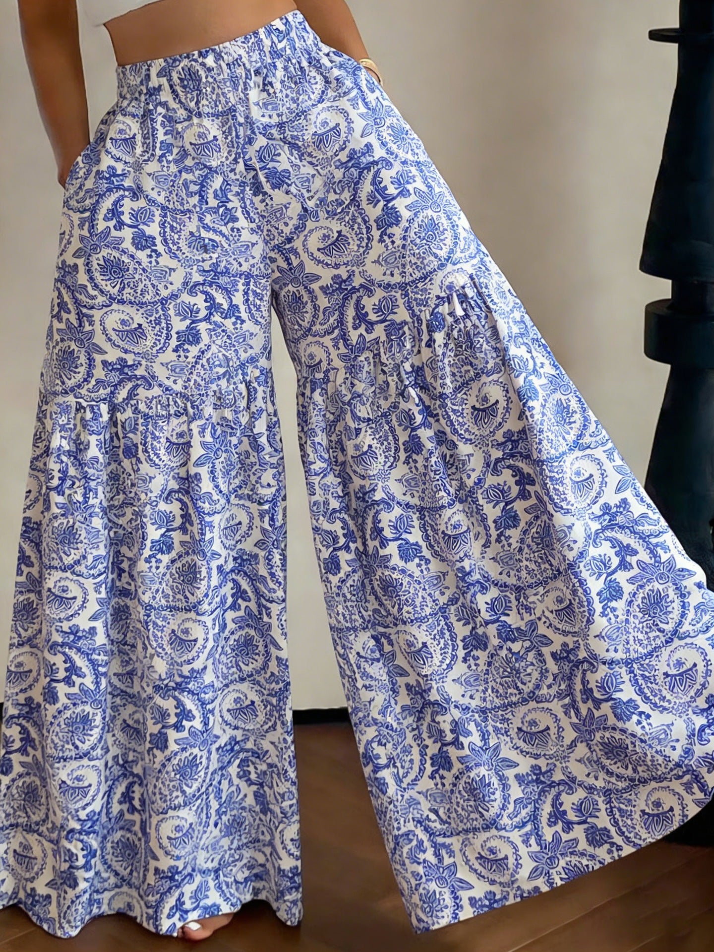 Women's 2026 New Floral High Waist Wide Leg Pants - Lightweight Flowy Boho Palazzo Trousers with Pockets for Casual Summer Wear