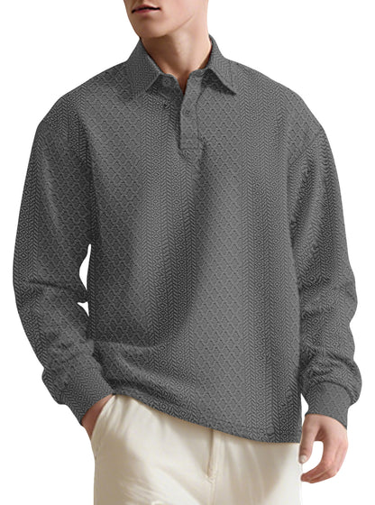 Autumn Essential Men's Jacquard Polo - Oversized Solid Color Quarter Button Long Sleeve