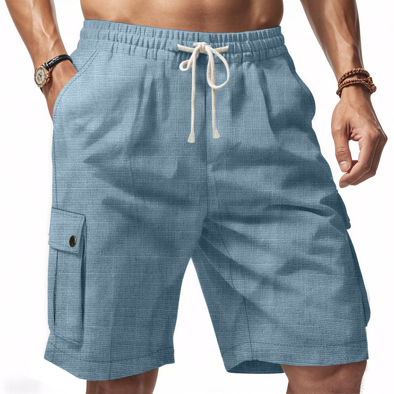 Men Linen Elastic Waist Casual Cargo Shorts
