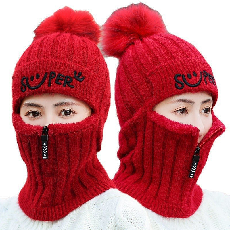 Women's Winter Knitted Hat Cold Weather Face Mask Neck Warmer Pom Beanie