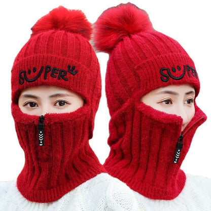 Women's Winter Knitted Hat Cold Weather Face Mask Neck Warmer Pom Beanie