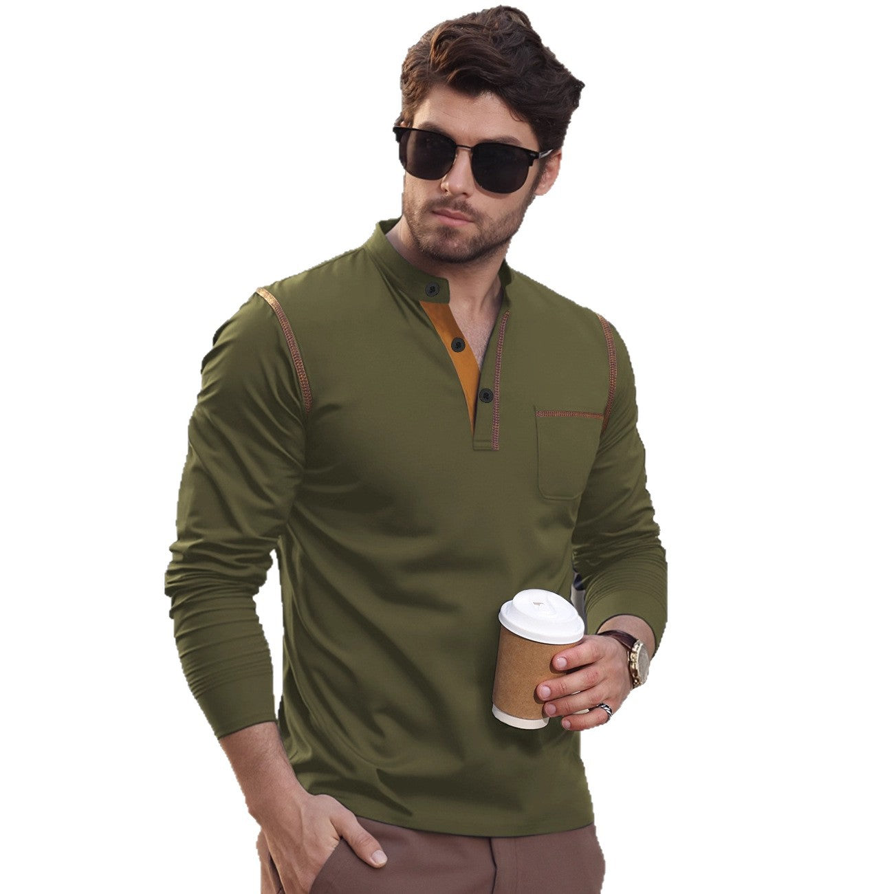 Men's Long Sleeve Henley with Contrast Trim
