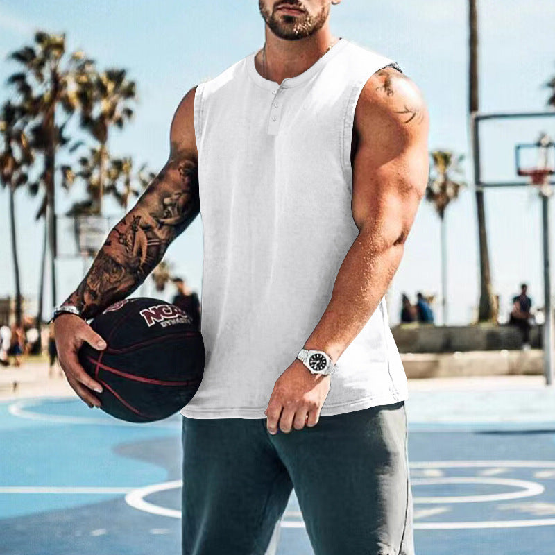 Men Henley Sleeveless Tank Top Quick Dry Gym Workout Shirt