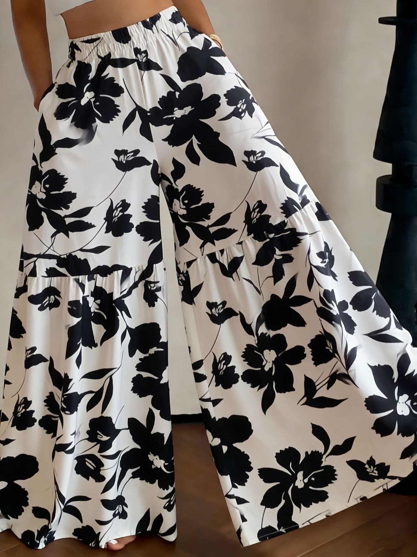 Women's 2026 New Floral High Waist Wide Leg Pants - Lightweight Flowy Boho Palazzo Trousers with Pockets for Casual Summer Wear