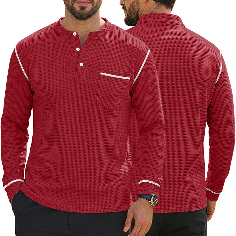 Men's Waffle-Knit Henley Long Sleeve Shirt - Casual Slim Fit Tops with Contrast Trim