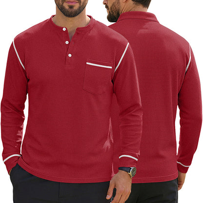 Men's Waffle-Knit Henley Long Sleeve Shirt - Casual Slim Fit Tops with Contrast Trim