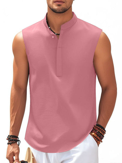 Men's Sleeveless Stand Collar Henley Shirt, Casual Tank Top