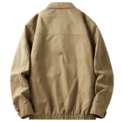 Men's Cotton Utility Jacket Spring & Fall Casual Solid Color Loose Fit Workwear Style Coat with Plaid Lining