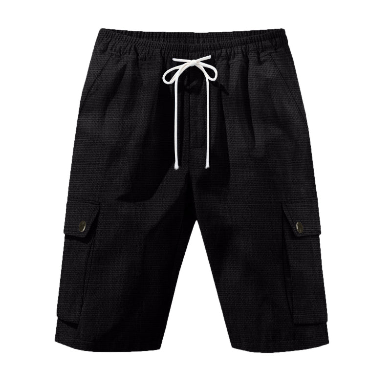 Men Linen Elastic Waist Casual Cargo Shorts