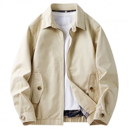 Men's Cotton Utility Jacket Spring & Fall Casual Solid Color Loose Fit Workwear Style Coat with Plaid Lining