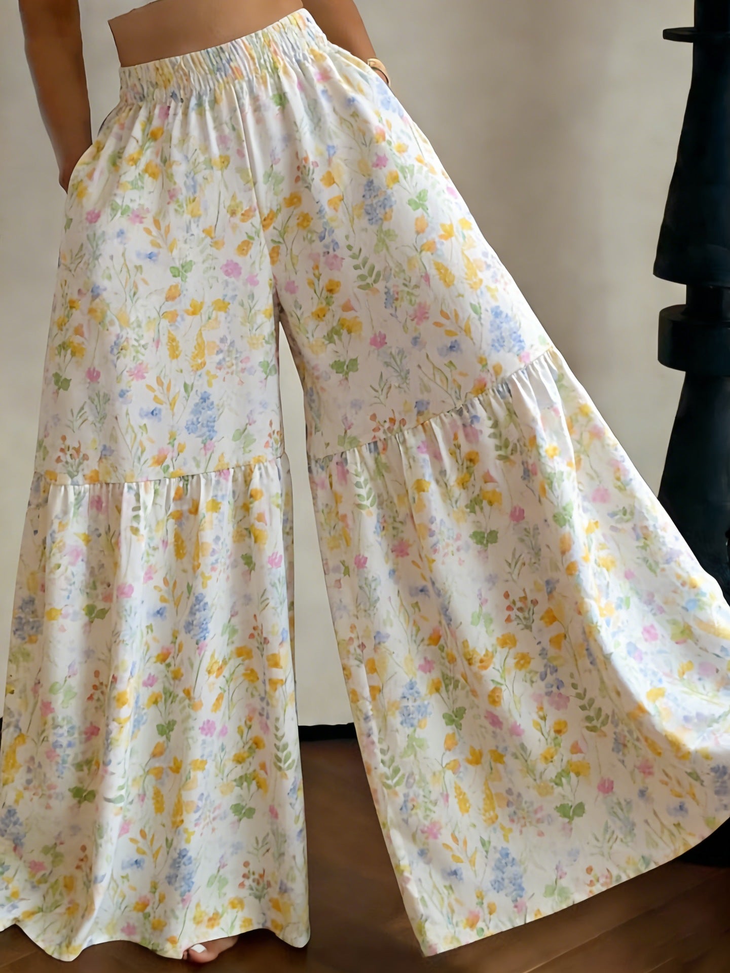 Women's 2026 New Floral High Waist Wide Leg Pants - Lightweight Flowy Boho Palazzo Trousers with Pockets for Casual Summer Wear