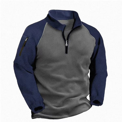 Men's Tactical Quarter-Zip Fleece Pullover - Color Block Stand Collar Sweatshirt for Outdoor & Casual