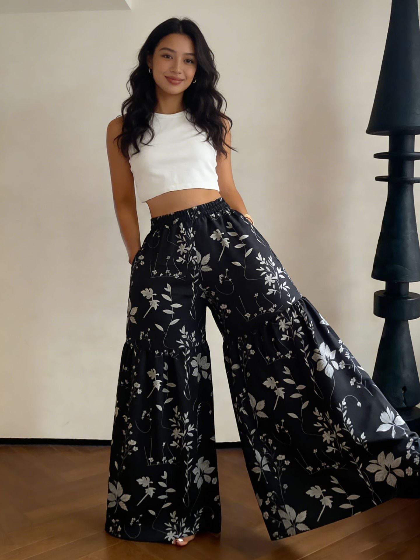 Women's 2026 New Floral High Waist Wide Leg Pants - Lightweight Flowy Boho Palazzo Trousers with Pockets for Casual Summer Wear
