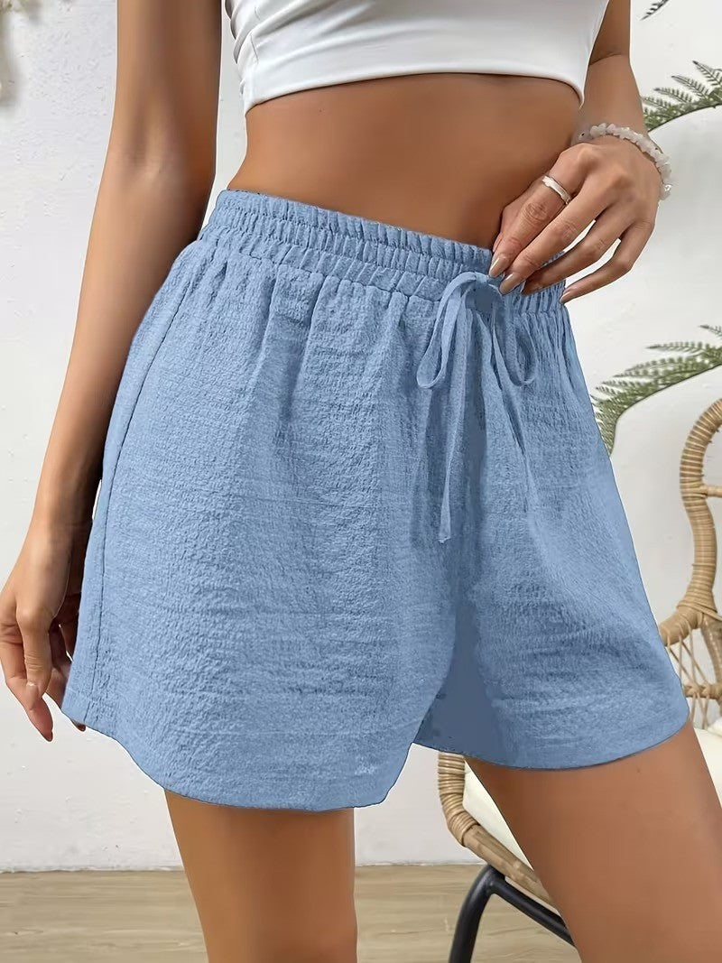Women's Elastic Waist Casual Shorts - Summer Lightweight Breathable Solid Color, Faux Drawstring, Relaxed Fit Soft Lounge Outdoor Wear