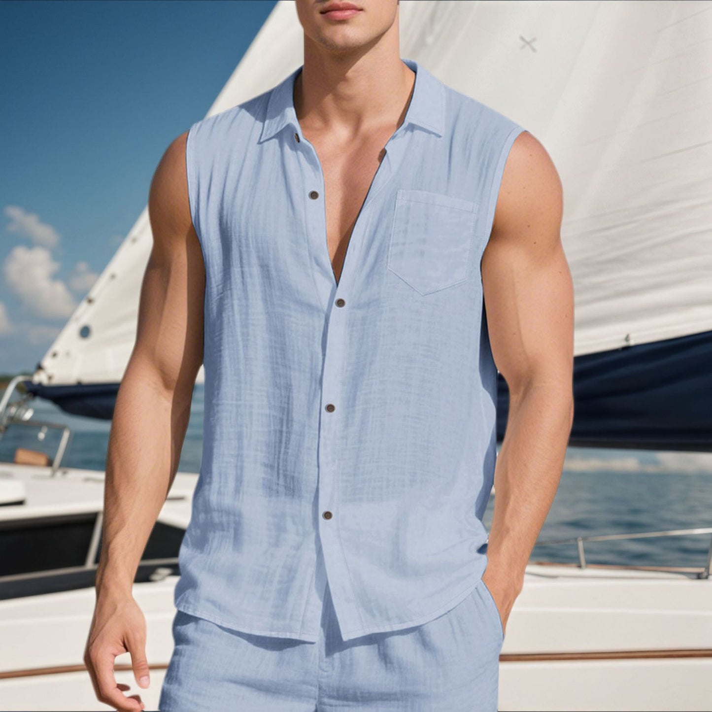 Men's Summer Trendy Linen Sleeveless Button Down Shirt