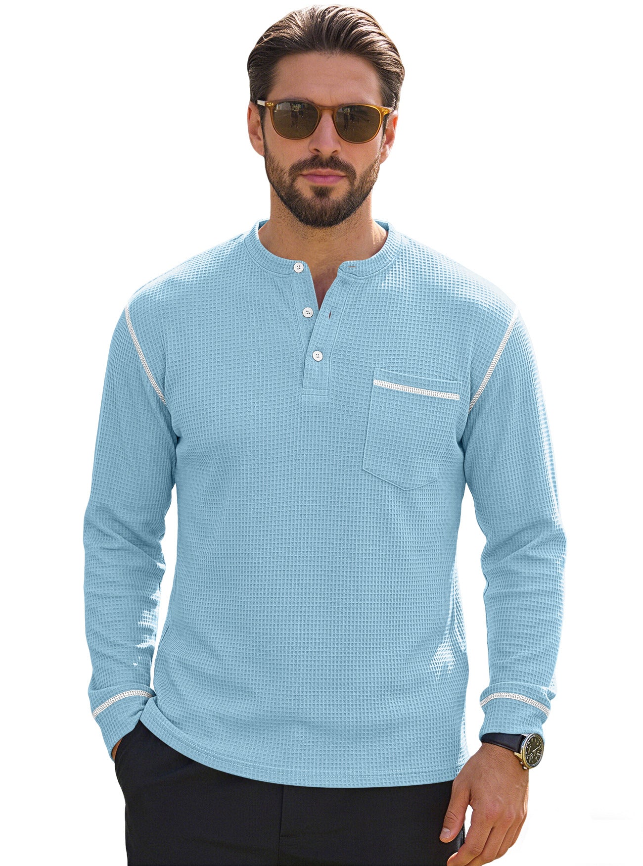 Men's Waffle-Knit Henley Long Sleeve Shirt - Casual Slim Fit Tops with Contrast Trim