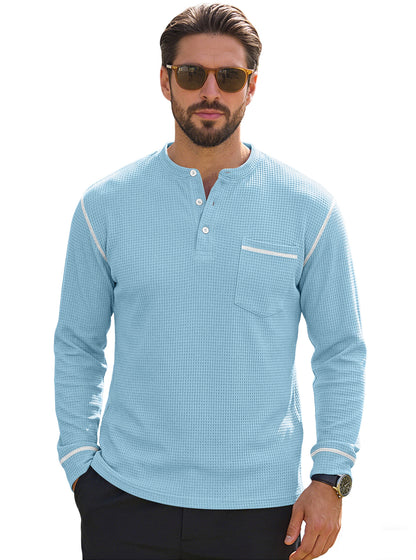 Men's Waffle-Knit Henley Long Sleeve Shirt - Casual Slim Fit Tops with Contrast Trim