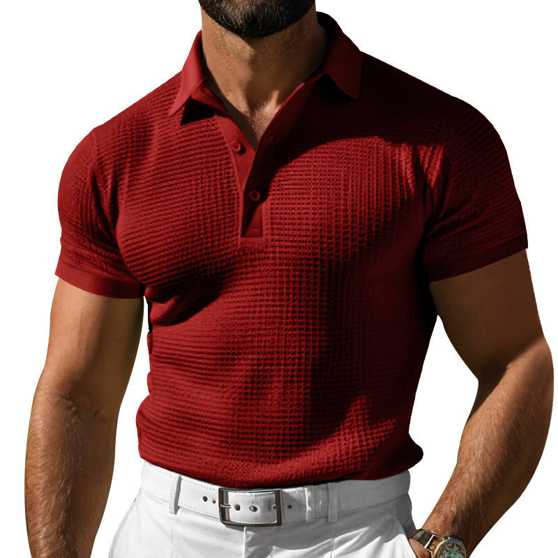 Men's Waffle-Knit Polo Shirt - Summer Short Sleeve Breathable Casual Golf T-Shirt