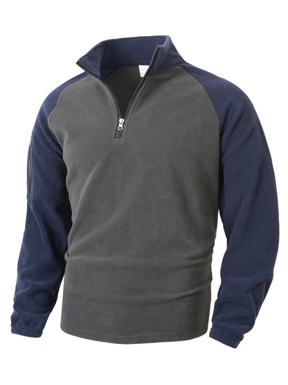 Men's Tactical Quarter-Zip Fleece Pullover - Color Block Stand Collar Sweatshirt for Outdoor & Casual
