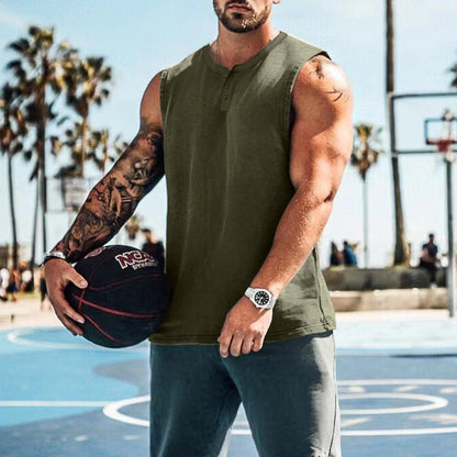 Men Henley Sleeveless Tank Top Quick Dry Gym Workout Shirt