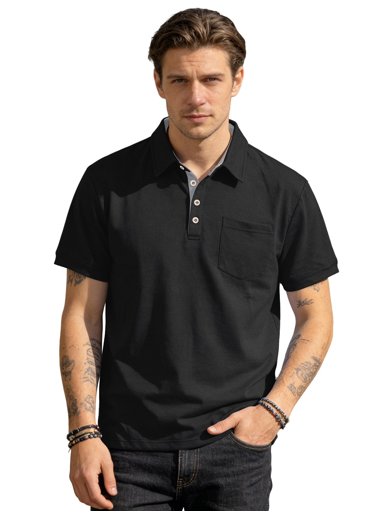 Men's Summer Spring Pocket Polo Shirt, Solid Color Short Sleeve Relaxed Fit Casual Business Top