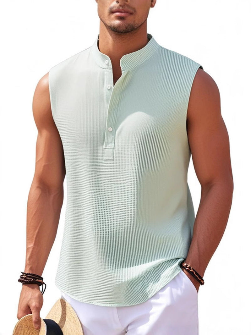 Men's Sleeveless Stand Collar Henley Shirt, Casual Tank Top