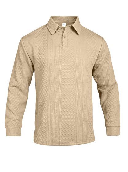 Autumn Essential Men's Jacquard Polo - Oversized Solid Color Quarter Button Long Sleeve