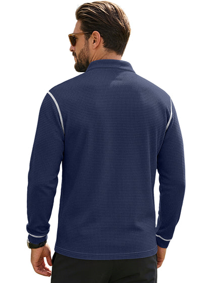 Men's Waffle-Knit Henley Long Sleeve Shirt - Casual Slim Fit Tops with Contrast Trim